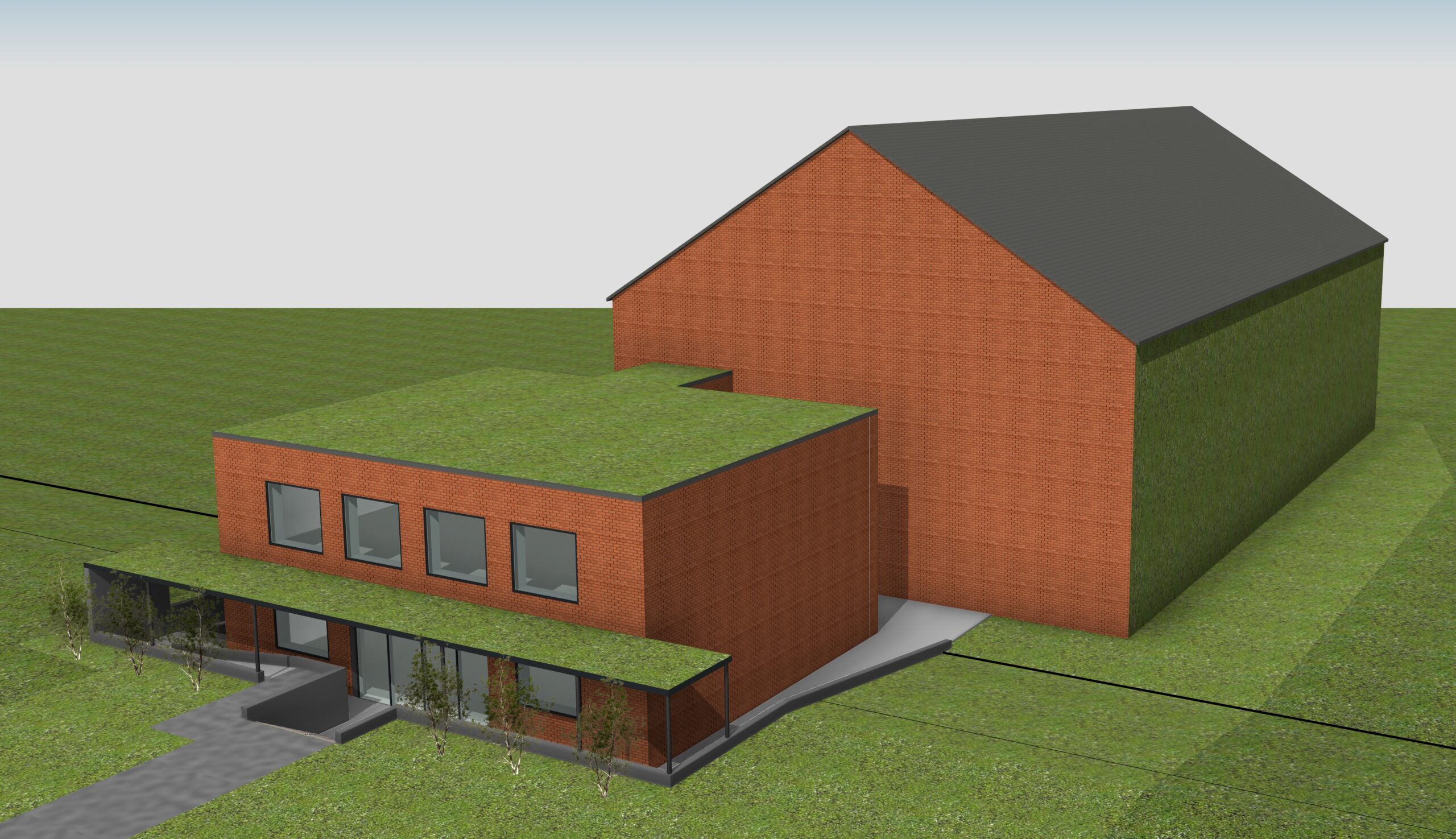 wizualizacja - budynek z cegły z zielonymi dachami